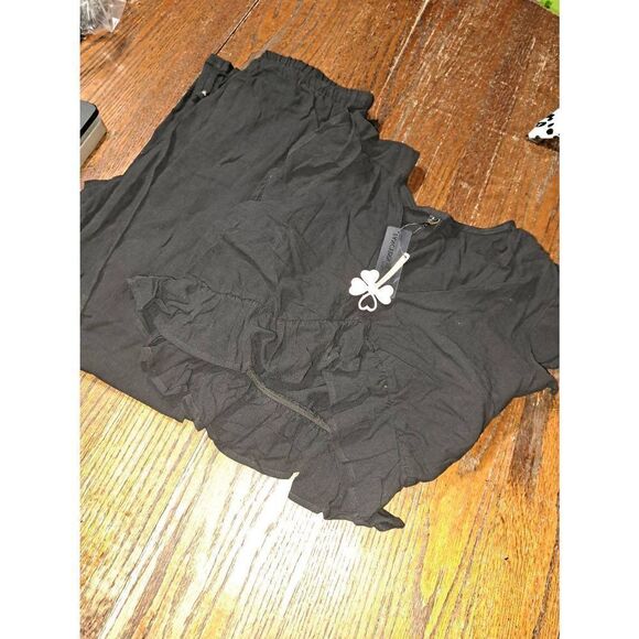 New Large Fancyinn Black 2pc VNeck Crop Top Side Slit Wide Leg Pants Outfit NWT - Picture 8 of 10